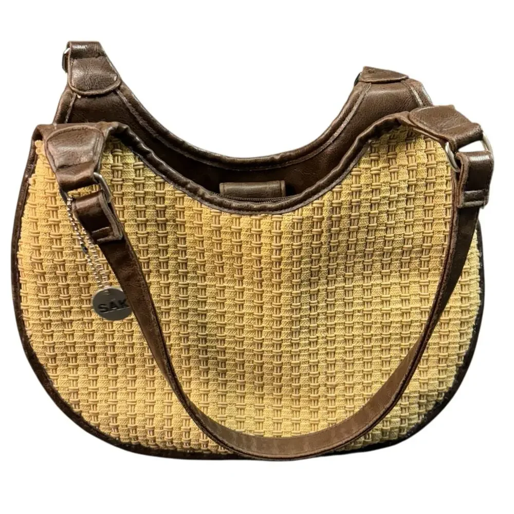 The Sak Tan Woven Crossbody Bag with Dark Brown Trim - Picture 9 of 12
